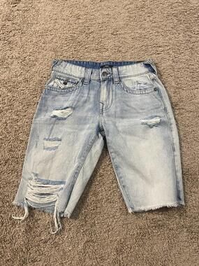 True Religion Ricky Shorts Mens 29 Blue Denim Relaxed Fit Distressed Bermuda